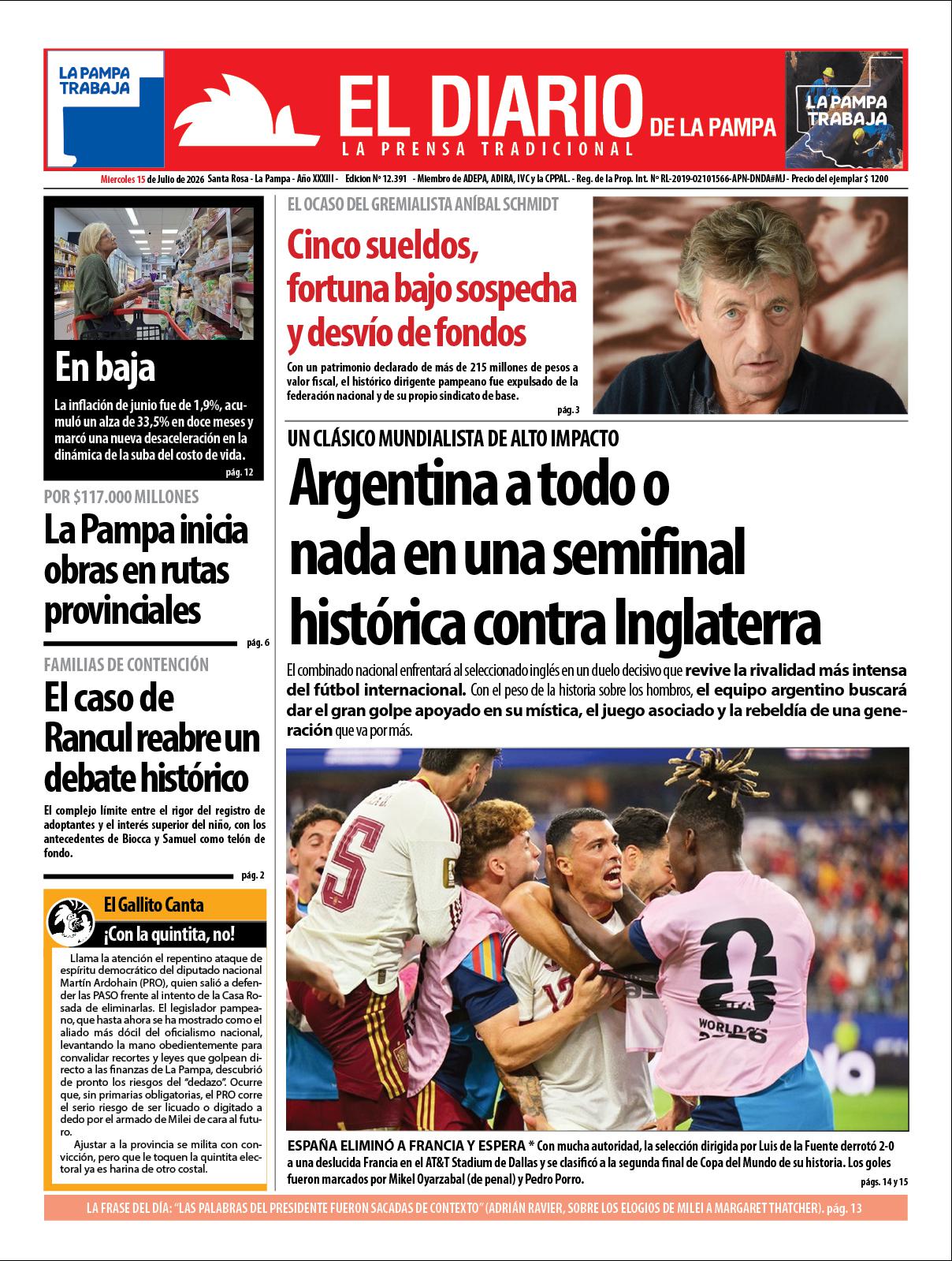 Tapa de El Diario en papel  mieacutercoles 15 de julio de 2026